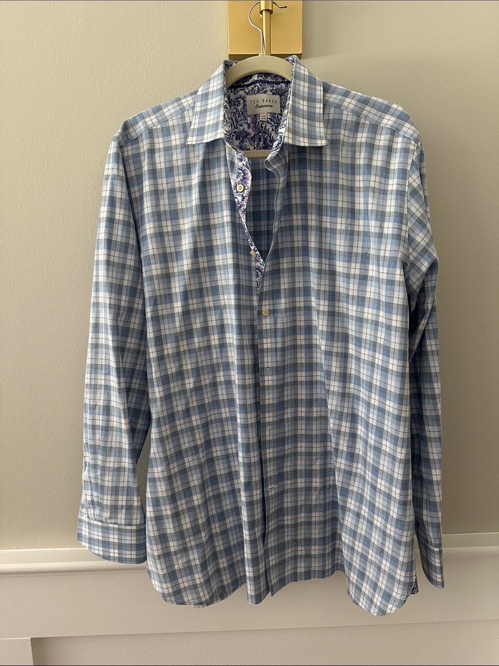 Ted Baker Light Blue and White Checked Button-Down Shirt.  Size 17.5 34/35